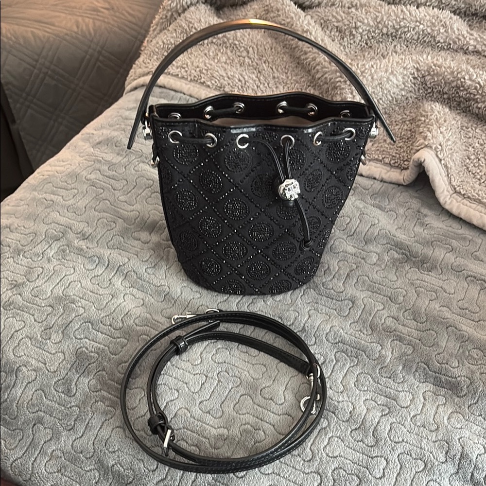 TORY BURCH T MONOGRAM HOTFIX SEQUIN EMBELLISHED BLACK MINI BUCKET BAG